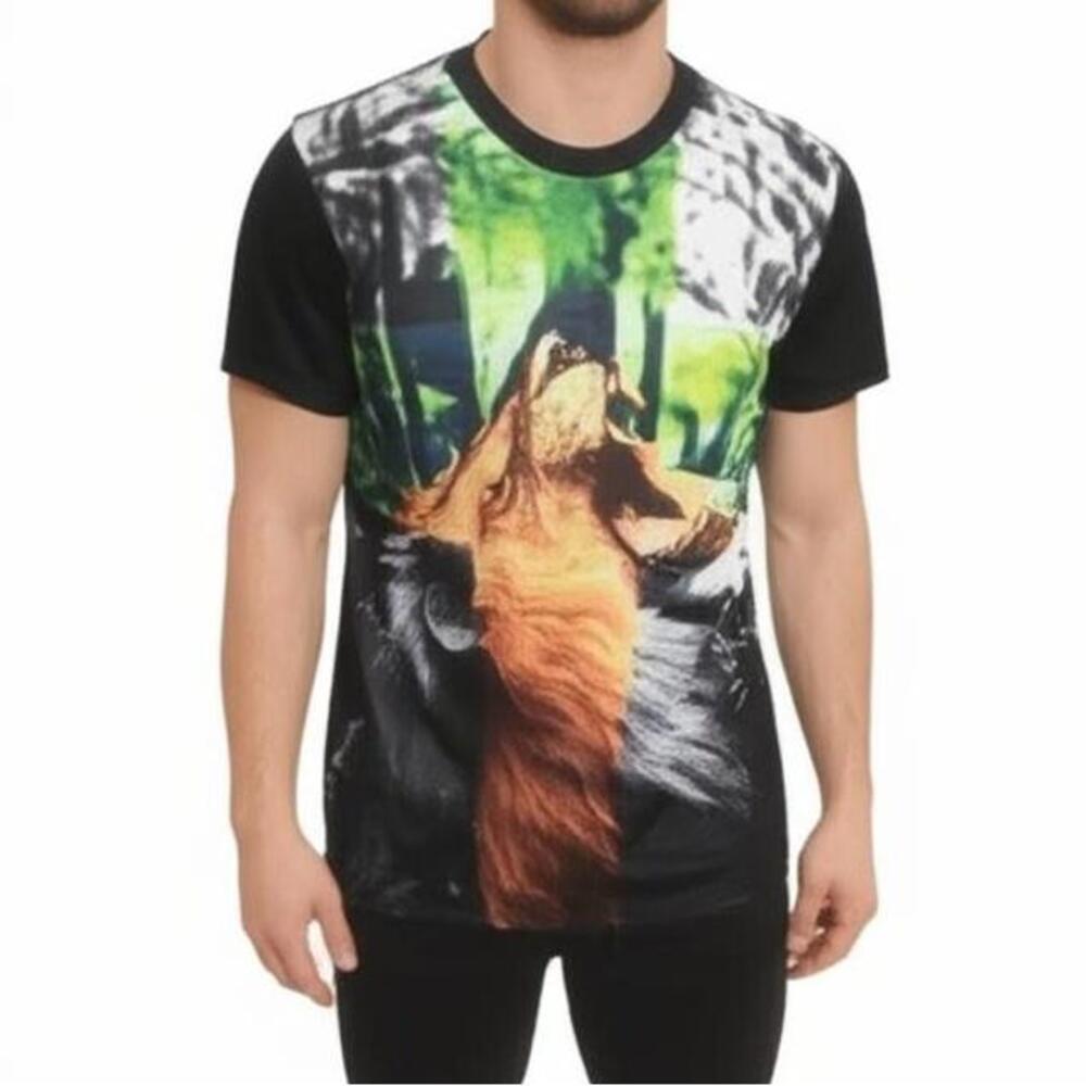 Mens Multicolor Roaring Lion Graphic T-Shirt M‎ Short Sleeve Crew Neck Bold